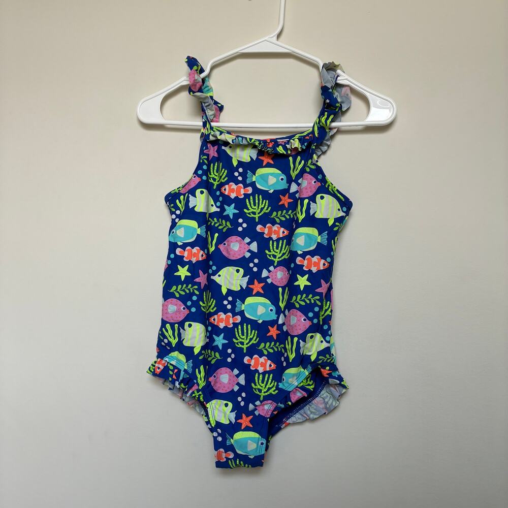 Gymboree Fish Print One Piece Swimsuit Girls Size 12 Blue Ruffle